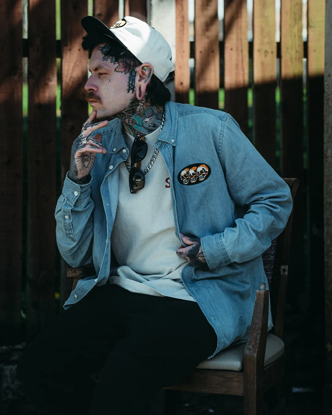 3 Skulls Washed Light Denim Shirt - Image 3