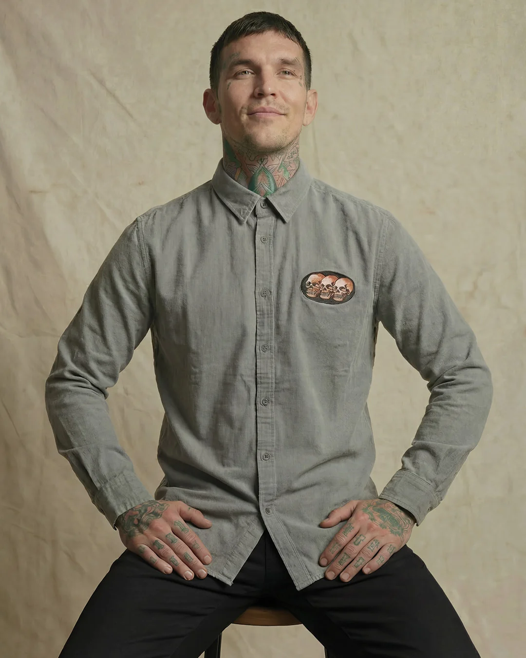 3 Skulls Washed Light Grey Work Shirt - Image 3