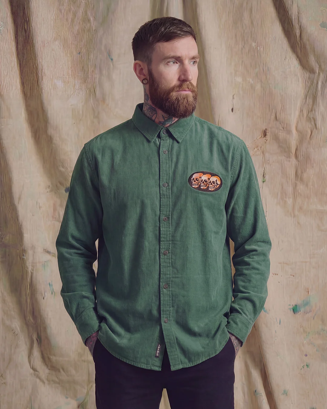 3 Skulls Washed Forest Green Work Shirt - Image 3