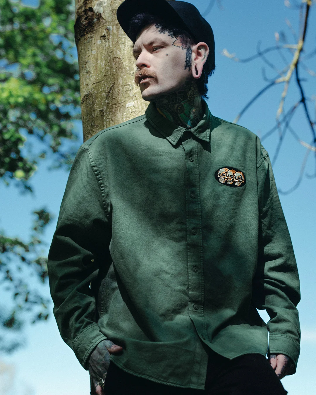 3 Skulls Washed Forest Green Work Shirt - Image 4