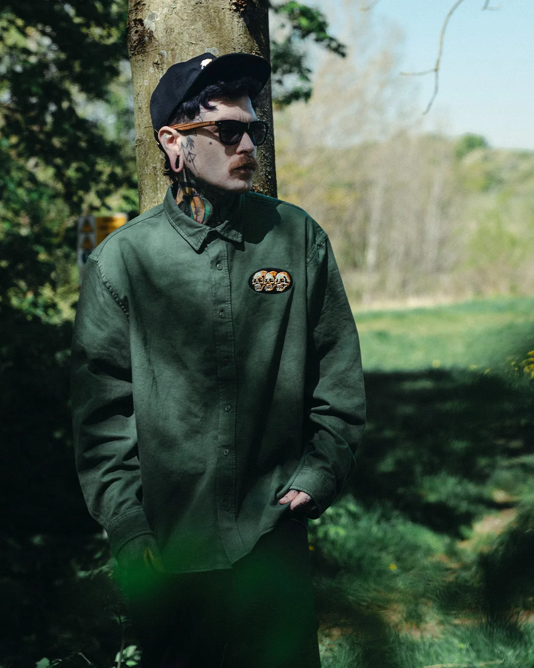 3 Skulls Washed Forest Green Work Shirt - Image 5