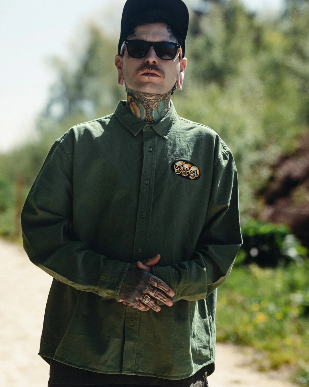 3 Skulls Washed Forest Green Work Shirt - Image 6