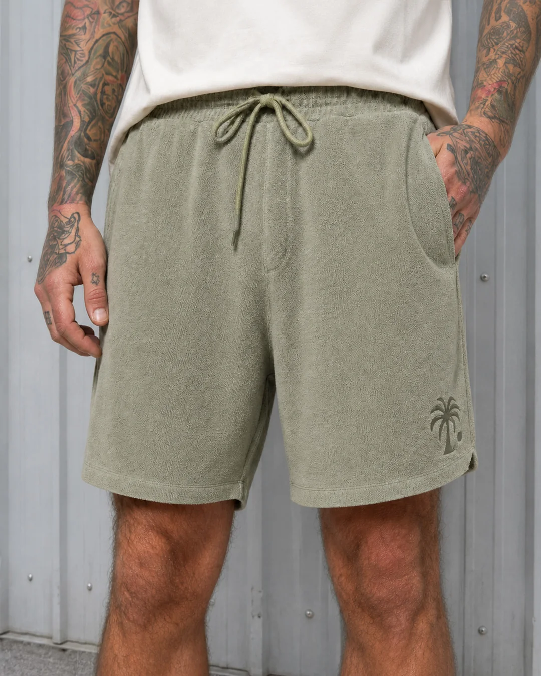 Almond Green Palm Towel Shorts - Image 2